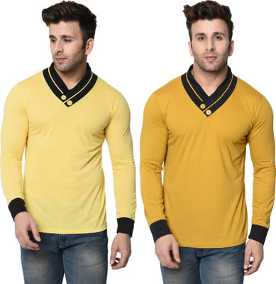 Tresna Trending Solid Men Shawl Neck Yellow T-Shirt