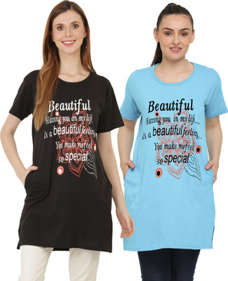 HouseOfCommon Printed Women Round Neck Blue, Black T-Shirt