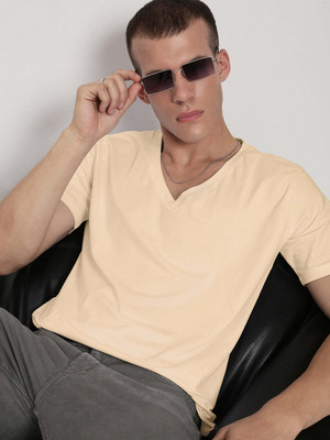 SHOWOFFFF Solid Men V Neck Beige T-Shirt