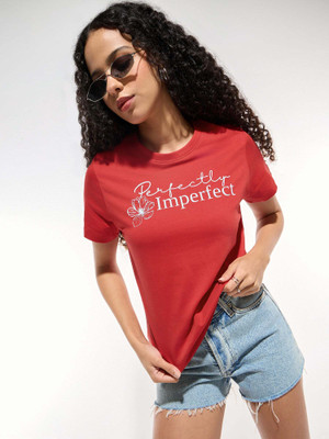 OUTZIDR Typography Women Round Neck Red T-Shirt