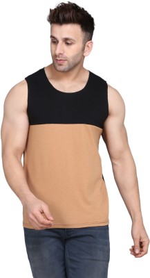 SLOWLORIS Solid Men Round Neck Black, Beige T-Shirt