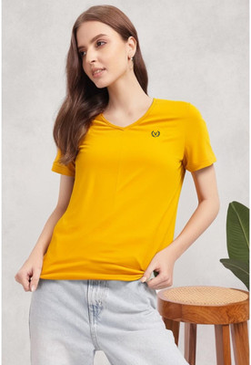 MACK JONNEY Solid Women V Neck Yellow T-Shirt