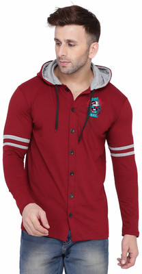 GEUM Solid, Printed Men Hooded Neck Maroon T-Shirt