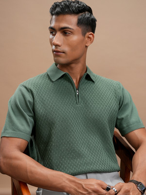 HIGHLANDER Self Design Men Polo Neck Green T-Shirt