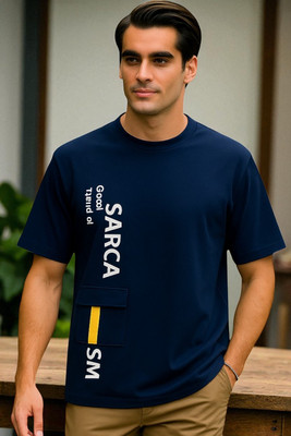 FASHIUM Printed Men Round Neck Navy Blue T-Shirt