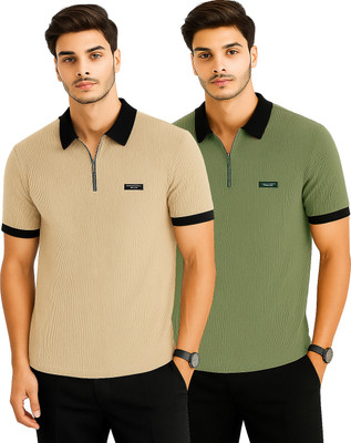 R ROCKIN TEES Solid Men Zip Neck Multicolor T-Shirt