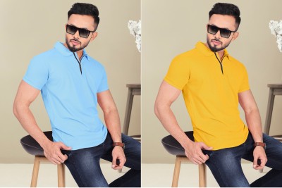 INDICLUB Solid Men Polo Neck Light Blue, Yellow T-Shirt