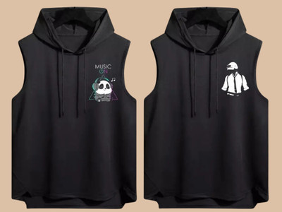 KUGDIT Printed Men Hooded Neck Black T-Shirt