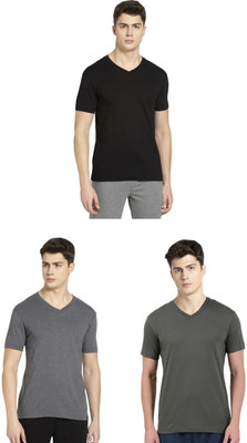 JOCKEY Solid Men V Neck Black, Grey, Dark Green T-Shirt