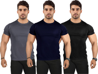 UDI n ADI Solid Men Round Neck Dark Blue, Black, Grey T-Shirt