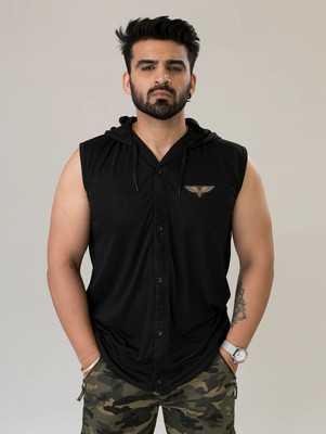 GEUM Printed Men Hooded Neck Black T-Shirt