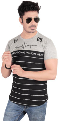 RDS ENTERPRISES Striped Men Round Neck Grey, Black T-Shirt