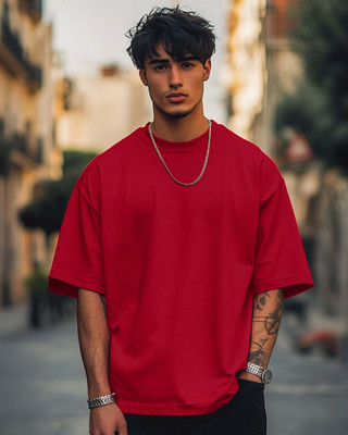 Veirdo Solid Men Round Neck Red T-Shirt