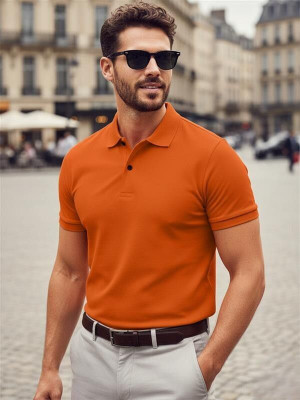 Leotude Solid Men Polo Neck Orange T-Shirt