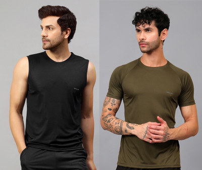 UDI n ADI Self Design Men Round Neck Black, Dark Green T-Shirt