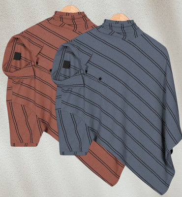 PRAIZY Striped Men Polo Neck Grey, Orange T-Shirt