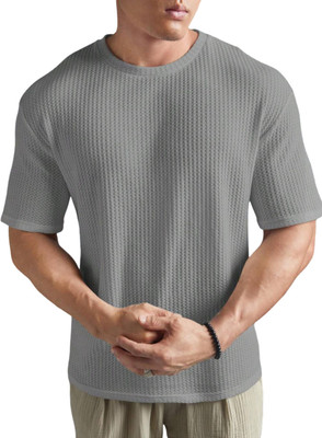 Adam White Self Design Men Round Neck Grey T-Shirt