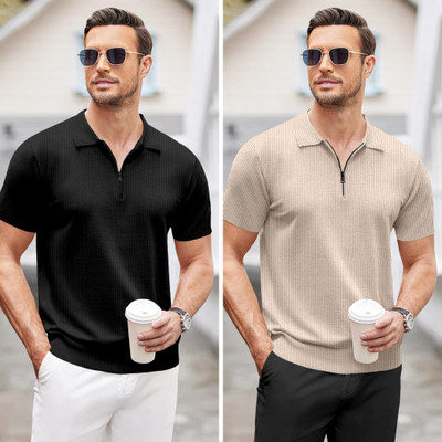 trueoath Self Design Men Polo Neck Black, Beige T-Shirt