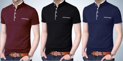 Nikshi Solid Men Mandarin Collar Maroon, Black, Blue T-Shirt