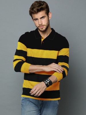 LEWEL Striped Men Polo Neck Black, Yellow T-Shirt