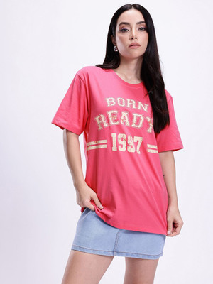Kook N Keech Typography Women Round Neck Pink T-Shirt