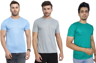 ManGOD Solid Men Round Neck Blue, Grey, Green T-Shirt