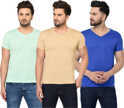 JB Jagoboy Solid Men V Neck Green, Blue, Beige T-Shirt