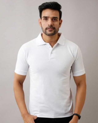 INKKR Solid Men Polo Neck White T-Shirt