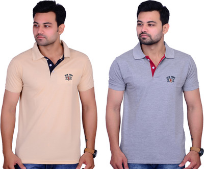 La Milano Solid Men Polo Neck Beige, Light Blue T-Shirt