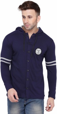 GEUM Solid Men Hooded Neck Dark Blue T-Shirt