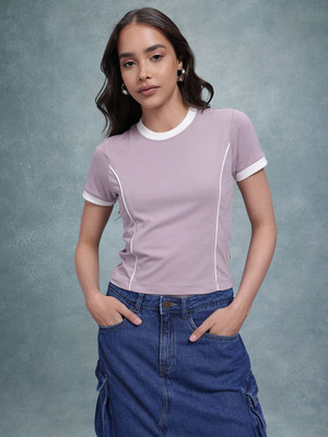 Roadster Solid Women Round Neck Purple T-Shirt