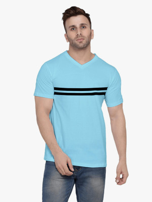 cotton high density Striped Men V Neck Blue T-Shirt