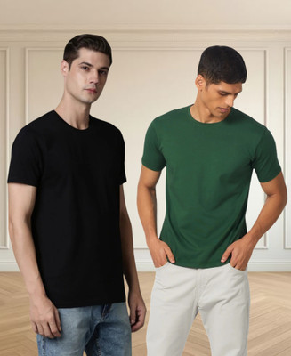 Vontade Solid Men Round Neck Green, Black T-Shirt