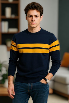 FASHIUM Colorblock Men Round Neck Navy Blue T-Shirt