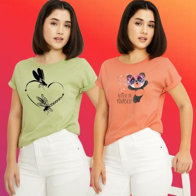 Parona Printed Women Round Neck Green, Pink T-Shirt