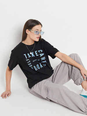 Mast & Harbour Printed Women Round Neck Black T-Shirt