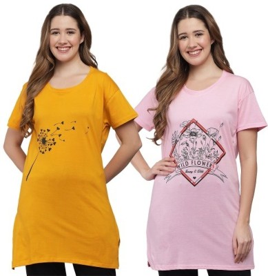TIARA WORLD Printed Women Round Neck Yellow, Pink T-Shirt