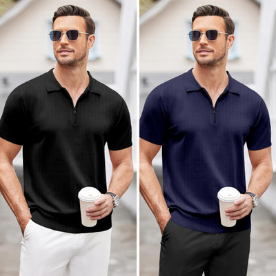 trueoath Solid Men Polo Neck Black, Dark Blue T-Shirt