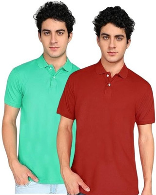 OLIVESQUARE Solid Men Polo Neck Light Green, Red T-Shirt