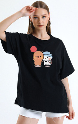Brokee Graphic Print, Cartoon Women Round Neck Black T-Shirt