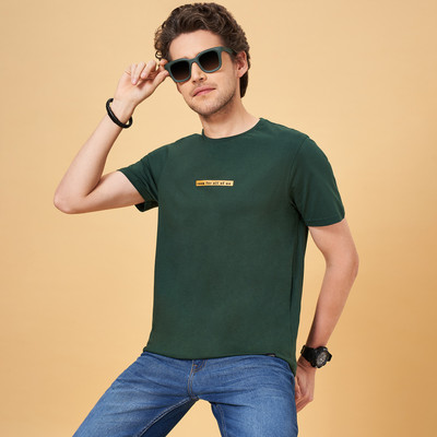 PEOPLE Solid Men Crew Neck Dark Green T-Shirt