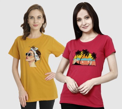 METRONAUT Printed Women Round Neck Yellow, Pink T-Shirt