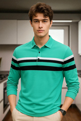 Autna Striped Men Polo Neck Green T-Shirt