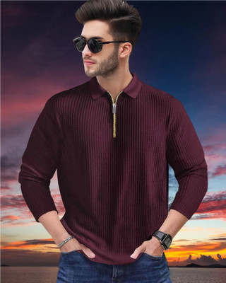 METRONAUT Self Design Men Polo Neck Purple T-Shirt