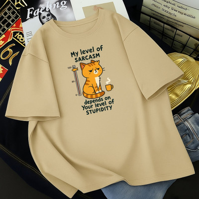 Sahuone Printed Women Round Neck Beige T-Shirt