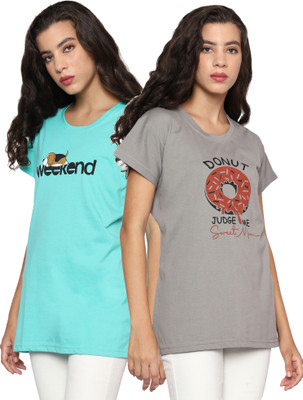TWF Solid Women Round Neck Light Green, Grey T-Shirt