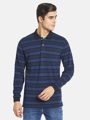 METTLE Striped Men Polo Neck Blue T-Shirt