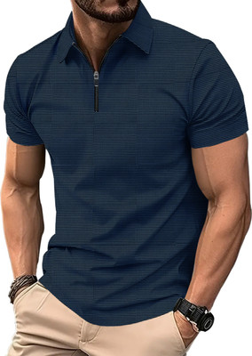 EyeBogler Self Design Men Zip Neck Blue T-Shirt