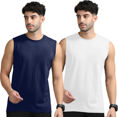 Adorbs Solid Men Round Neck Dark Blue, White T-Shirt