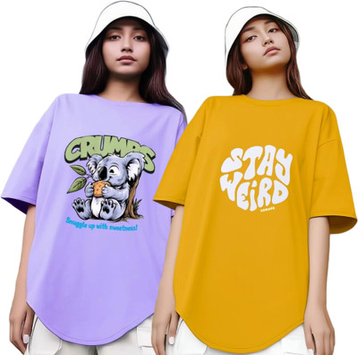 R S Fashion Printed Women Round Neck Purple, Yellow T-Shirt